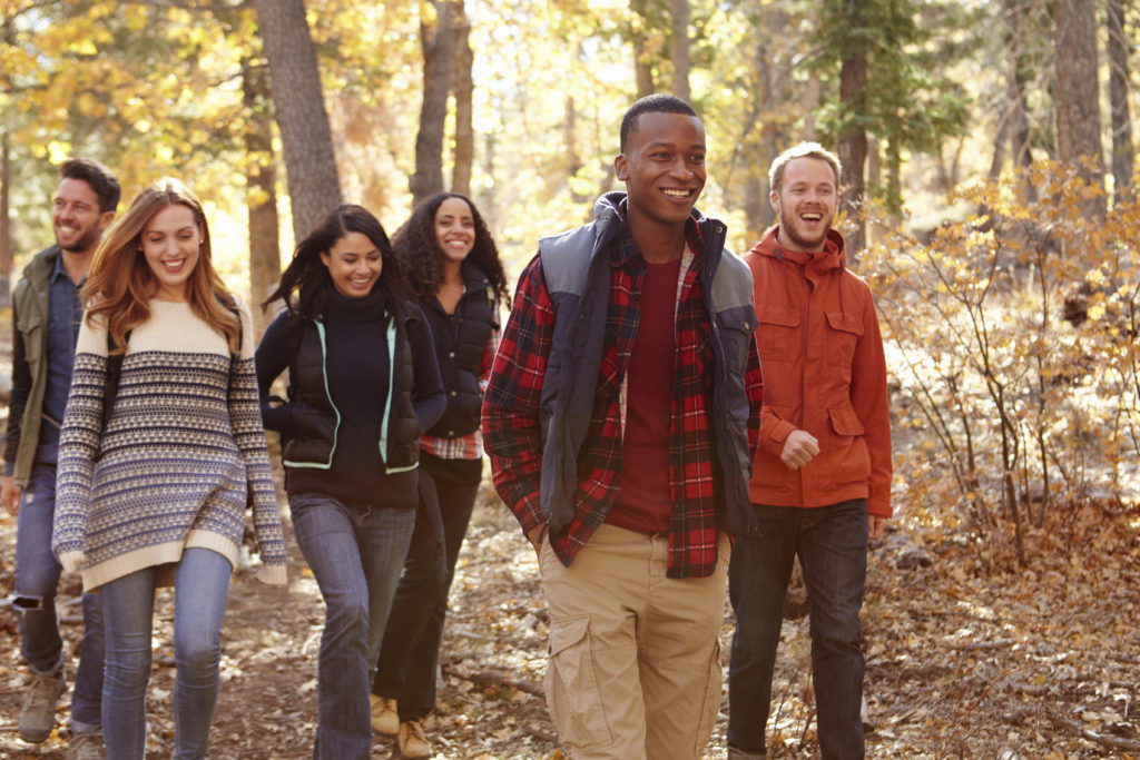 Group of six friends hiking together through a forest